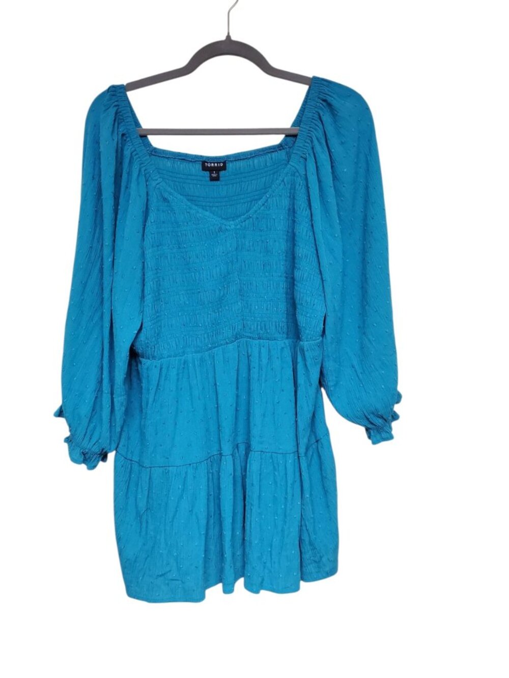Torrid Woman's Turquoise‎ Smocked Bust Long Sleeve Swiss Dot Peasant Top Plus 1